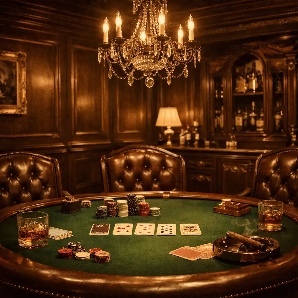 Eleganckie wnętrze card roomu z ciemną boazerią, skórzanymi fotelami i stołem do pokera