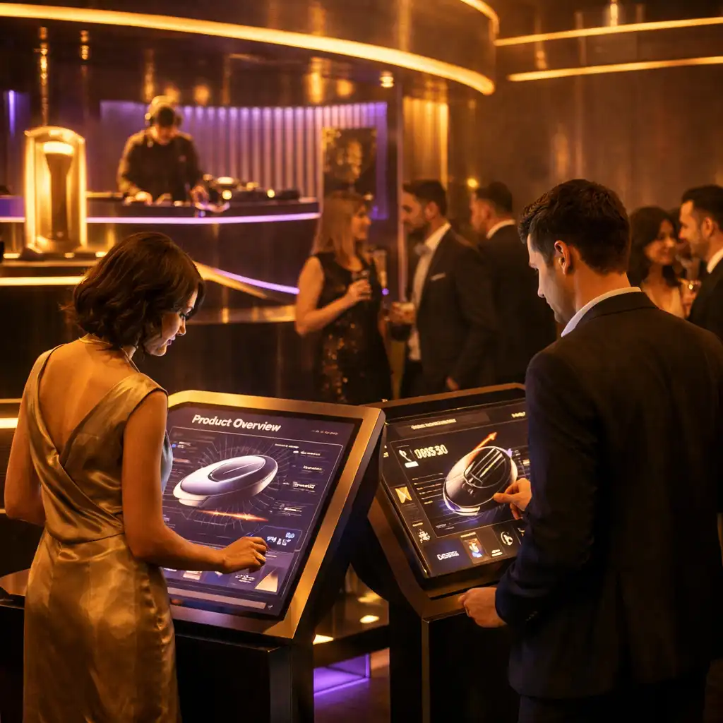 Gala premiery produktu w futurystycznym stylu z interaktywnymi ekranami i didżejem