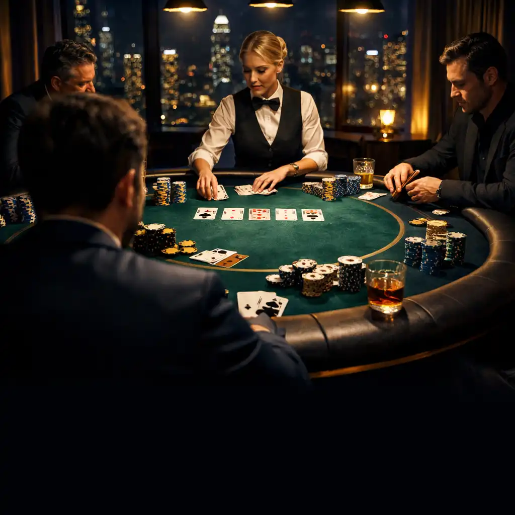 Prywatny wieczór pokera high roller w luksusowym apartamencie hotelowym z profesjonalnym krupierem