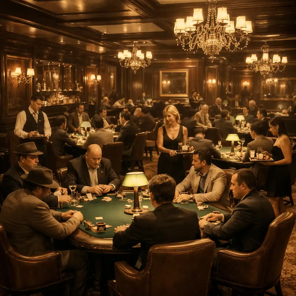 Salon pokera high roller z kilkoma stołami, skórzanymi fotelami i obsługą kelnerską