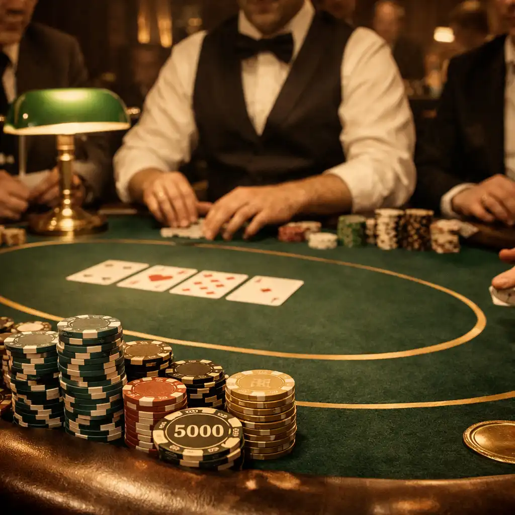 Prywatny turniej Texas Hold'em z profesjonalnym stołem, żetonami turniejowymi i krupierem