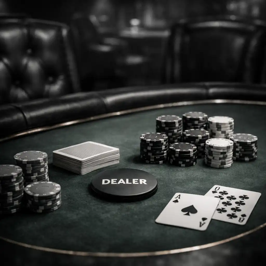 Profesjonalny stół pokerowy z zielonym suknem, żetonami turniejowymi i kartami w luksusowym salonie